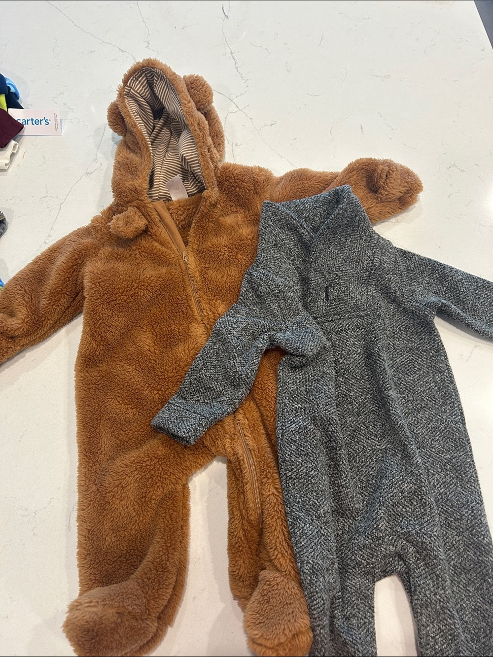 Carter's Brown Teddy Fleece Hooded Baby One-Piece & Old navy warm onsie 6&12 mos